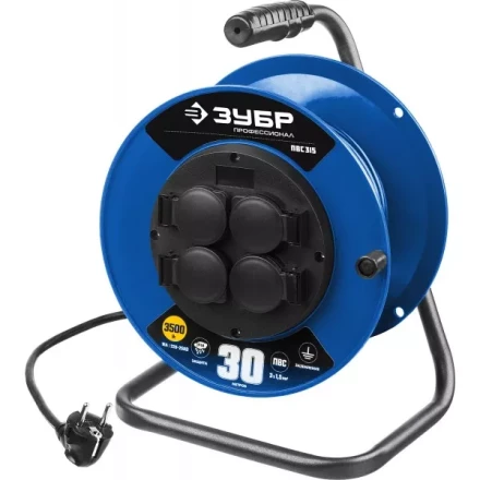 Удлинитель на катушке &quot;ПВС 315&quot;, 30 м, 3500 Вт, 4 гнезда, IP44, ПВС 3х1,5 кв мм, ЗУБР 55081-30 купить в Сургуте