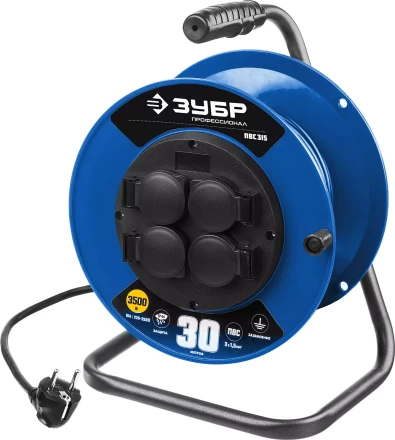 Удлинитель на катушке &quot;ПВС 315&quot;, 30 м, 3500 Вт, 4 гнезда, IP44, ПВС 3х1,5 кв мм, ЗУБР 55081-30 купить в Сургуте