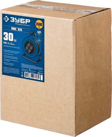 Удлинитель на катушке &quot;ПВС 315&quot;, 30 м, 3500 Вт, 4 гнезда, IP44, ПВС 3х1,5 кв мм, ЗУБР 55081-30 купить в Сургуте