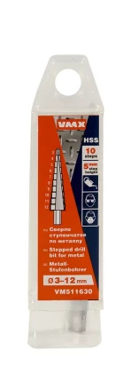 Сверло для металла ступенчатое 3-12мм 10 ступ шаг 1 ход 5 VMX 511630 купить в Сургуте