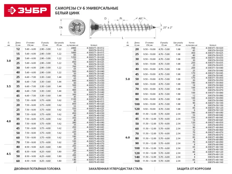Шурупы ЗУБР по дереву оцинкованные, 4.0x50мм, 14шт 4-300376-40-050 купить в Сургуте