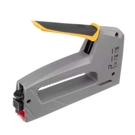 Степлер мебельный Denzel 40213, пластиковый корпус, тип 53, 6-14 мм, тип 300, 15 мм, тип 500, 15 мм купить в Сургуте