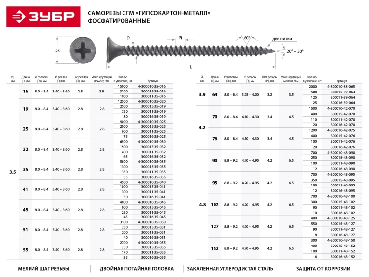 Саморезы фосфатированные с мелкой резьбой, гипсокартон-металл, ЗУБР 300016-48-095, PH2, 4,8 x 95 мм, 12 шт 300016-48-095 купить в Сургуте