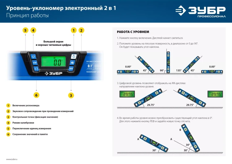 ЗУБР 400 мм, 0-90°, ±0,2°, уровень-уклономер, Профессионал (34286) купить в Сургуте