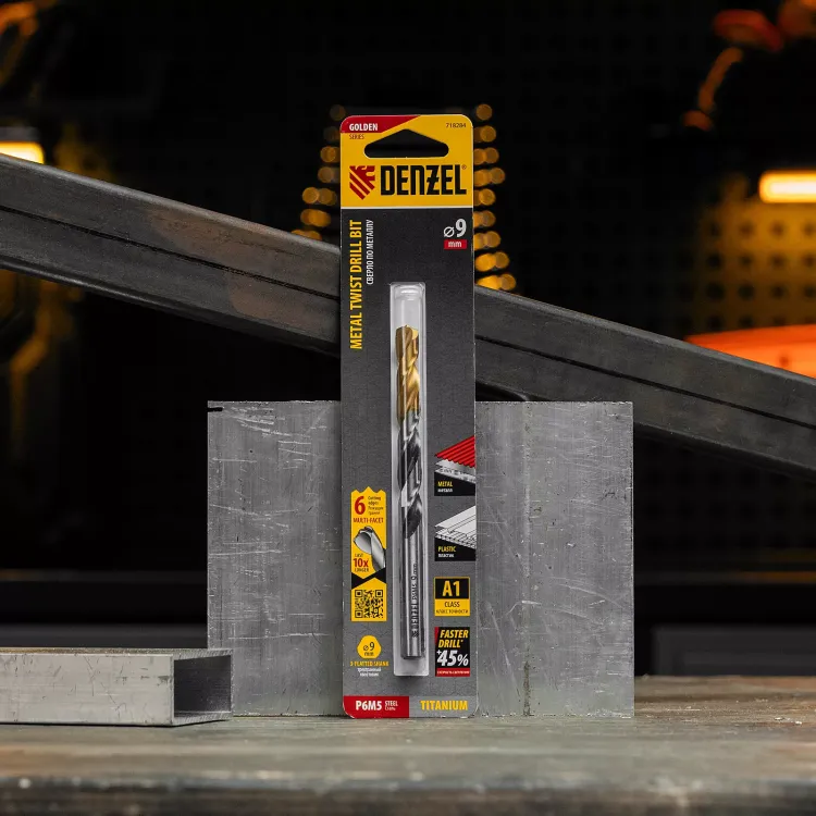 Сверло спиральное по металлу Denzel 9 x 125мм, Р6М5, Golden Tip, многогранная заточка, 718284 купить в Сургуте