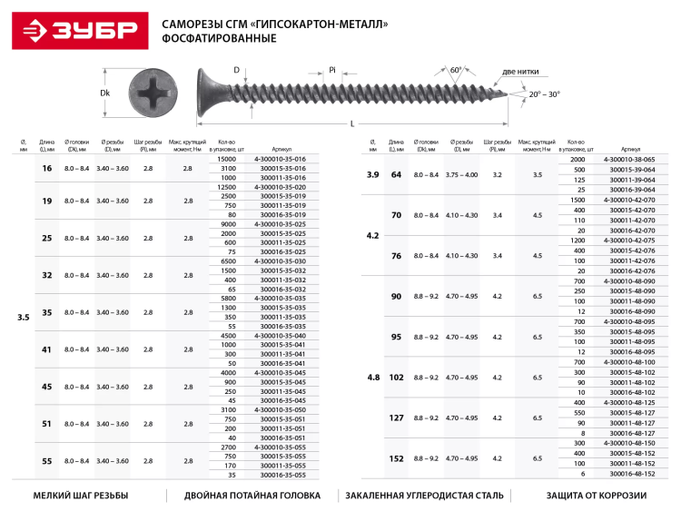 Саморезы фосфатированные с мелкой резьбой, гипсокартон-металл, ЗУБР 300016-48-127, PH2, 4,8 x 127 мм, 8 шт 300016-48-127 купить в Сургуте