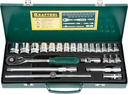 Набор торцовых головок KRAFTOOL &quot;INDUSTRIE QUALITAT&quot; (1/2&quot;) универсальный, Cr-V, металлический кейс, 24 предмета 27892-H24_z01 купить в Сургуте