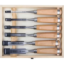 Набор ЗУБР Стамески-долото "ЭКСПЕРТ" с деревянной ручкой, хромованадиевых, 6; 10; 12; 16; 20; 25мм, 6шт 18096-H6