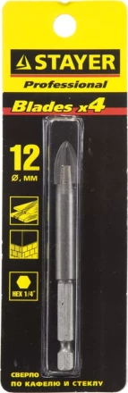 Сверло по кафелю, керамике, стеклу, с четырьмя режущими лезвиями, шестигранный хвостовик, 12 мм, STAYER &quot;PROFESSIONAL&quot; 2985-12 2985-12_z01 купить в Сургуте