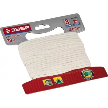 Шнур ЗУБР хлопковый плетеный, натуральный, без сердечника, d=3, 20 м, 25 кгс, 3,75 ктекс 50350-03-020 купить в Сургуте