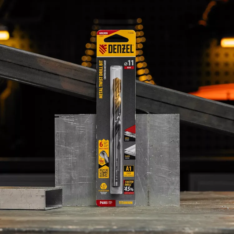 Сверло спиральное по металлу Denzel, 11 x 142мм, Р6М5, Golden Tip, многогранная заточка, 718286 купить в Сургуте