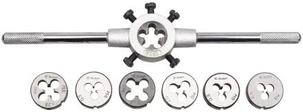 Набор ЗУБР &quot;МАСТЕР&quot; с металлорежущим инструментом, плашки М3-М12, плашкодержатель, - на карточке, 8 предметов 28128-H8 купить в Сургуте