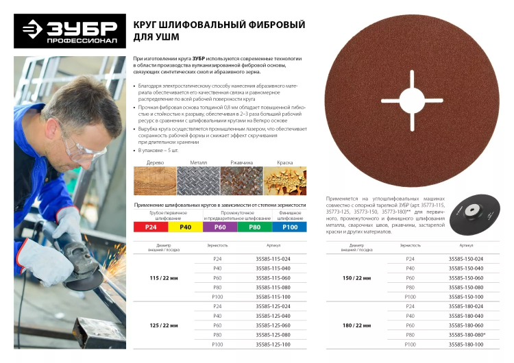 Круг шлифовальный ЗУБР "ПРОФИ" фибровый, для УШМ, P24, 115х22мм, 5 листов 35585-115-024 купить в Сургуте