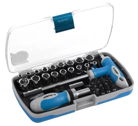 Набор ЗУБР Отвертка &quot;ЭКСПЕРТ&quot; реверс. с насадками, 2-хкомп. ручка, битодерж. с Т-образ. ручкой, в пласт.боксе, 38пред. 25289-H38 купить в Сургуте