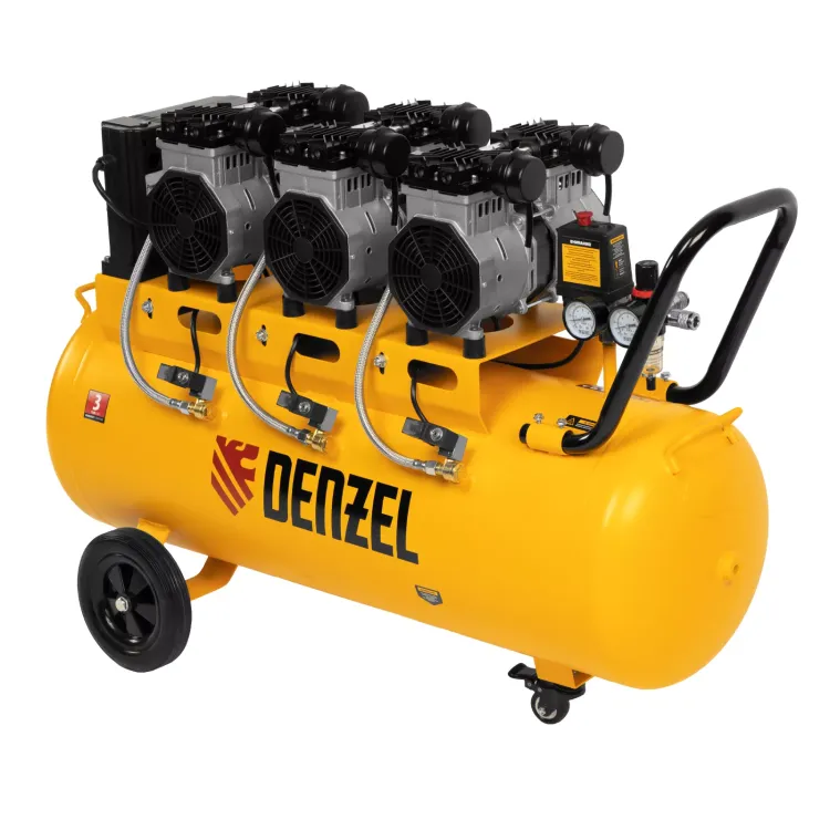 Компрессор безмасляный, малошумный Denzel DLS 3300/100, 3300 Вт,3x1100, 100 л, 570 л/мин ,блок управления купить в Сургуте