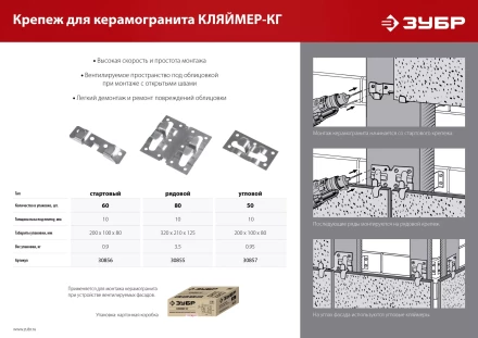 ЗУБР Кляймер-КГ, 10 x 70 x 75 мм, цинк, 80 шт, рядовой крепеж для керамогранита (30855) купить в Сургуте