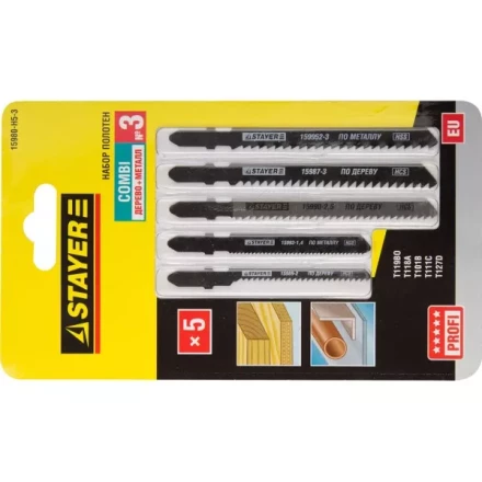 Набор STAYER &quot;PROFI&quot; Пилки &quot;УНИВЕРСАЛ №3&quot; для эл/лобзика, по дереву, мет. и пласт., EU-хвост., 5шт 15980-H5-3 купить в Сургуте