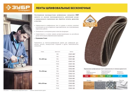 ЗУБР 75х457 мм, P40, лента шлифовальная СТАНДАРТ, для ЛШМ, 5 шт. (35342-040) купить в Сургуте