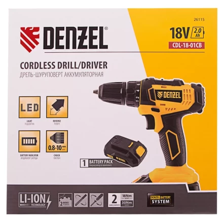 Дрель-шуруповерт аккумуляторная Denzel 26115, CDL-18-01CB, Li-Ion, 18 В, 1 аккумулятор купить в Сургуте