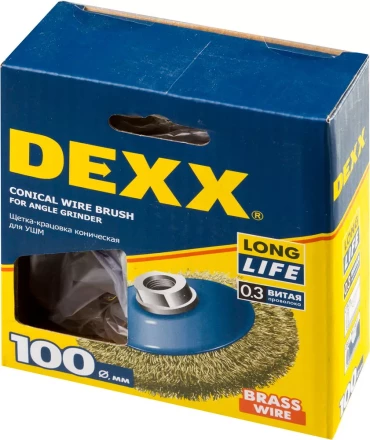 DEXX. Щетка коническая для УШМ, витая стальная латунированная проволока 0,3мм, 100ммхМ14 35105-100 купить в Сургуте
