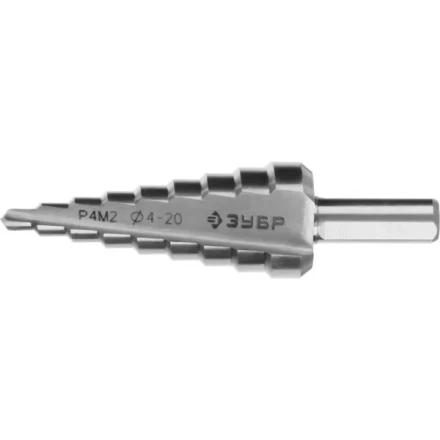 Сверло ЗУБР &quot;МАСТЕР&quot; ступенчатое по сталям и цвет.мет., быстрорежущая сталь, d=4-20мм, 9ступ.d=4-20, L-75 мм,трехгран. хвост. 8мм 29665-4-20-9 купить в Сургуте