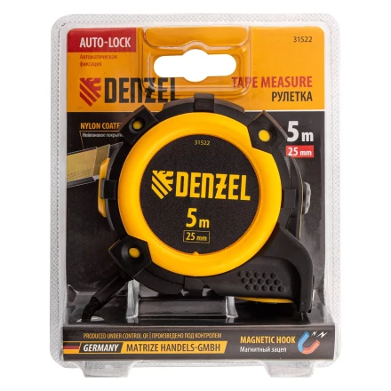 Рулетка Denzel 5м х 25мм, автоматич. фиксац., нейлон. покрытие, магнит. зацеп, двухстор. разметка 31522 купить в Сургуте