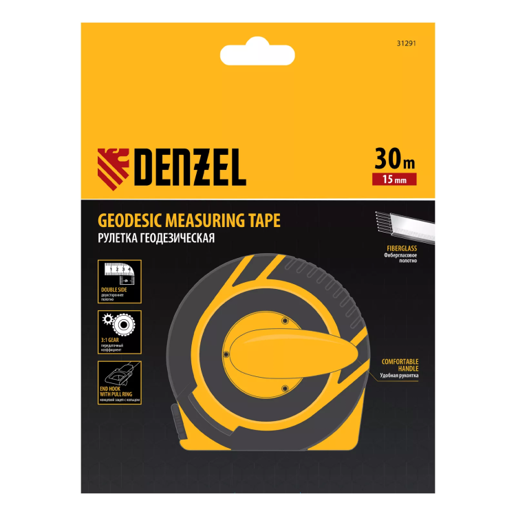 Рулетка геодезическая Denzel 30 м х 15 мм, закрытый корпус, фиберглассовая лента 31291 купить в Сургуте
