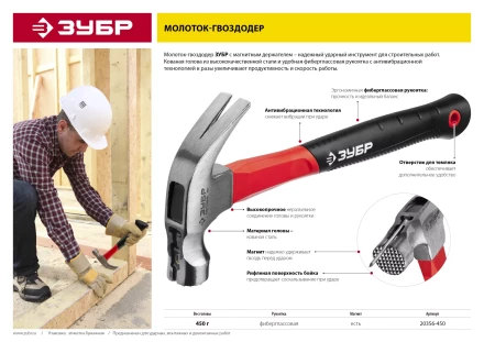 Молоток-гвоздодер ЗУБР &quot;МАСТЕР&quot;, боек c магнитом и фиберглассовой рукояткой, 450 г 20356-450 купить в Сургуте
