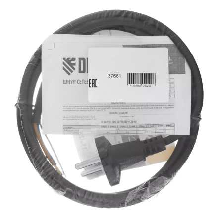 Шнур сетевой Denzel Energy Series, ПВС, 1,5 м, 2 x 1 мм, с неразборной вилкой, черный, 3 м, 37661 купить в Сургуте