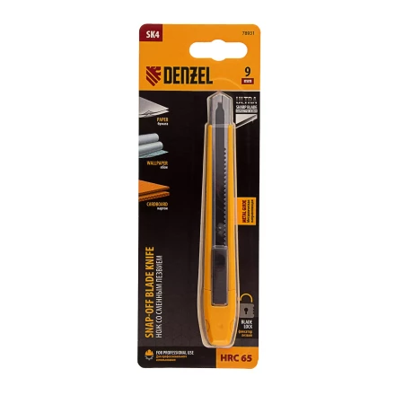 Нож, 9 мм, сменное лезвие, SK4, метал. направляющая, клипса, нажимной фиксатор// Denzel 78931 купить в Сургуте