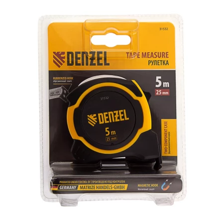 Рулетка Denzel 5м х 25мм, двухкомп. корпус, магнитный обрезиненный зацеп, 31532 купить в Сургуте