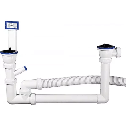 Сифон ЗУБР &quot;МАСТЕР&quot; колбовый для двухместной мойки, выпуск - нержавеющая чашка, перелив, отвод для стиральной машины 51867-2 купить в Сургуте