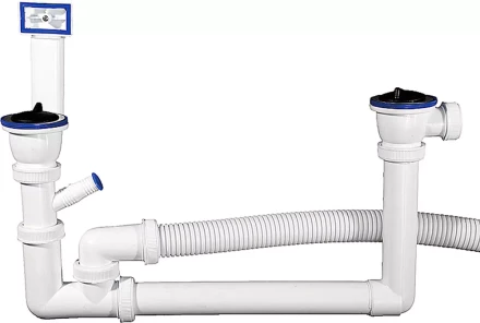 Сифон ЗУБР &quot;МАСТЕР&quot; колбовый для двухместной мойки, выпуск - нержавеющая чашка, перелив, отвод для стиральной машины 51867-2 купить в Сургуте