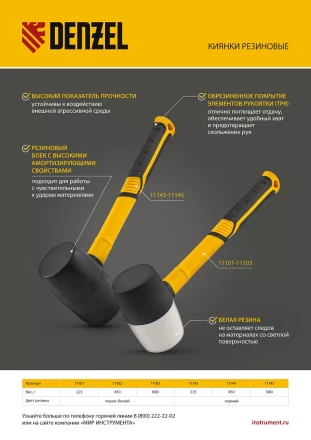 Киянка резиновая, 680 г, черная, фибергласовая рукоятка c TPR покрытием Denzel 11145 купить в Сургуте