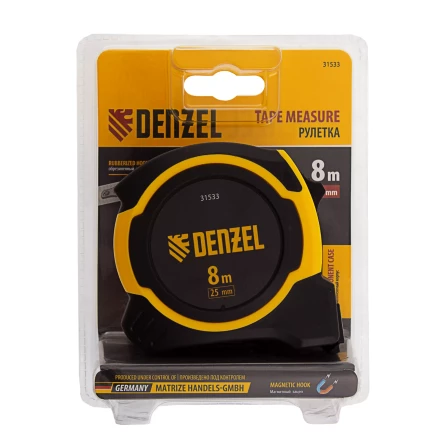 Рулетка Denzel 8м х 25мм, двухкомп. корпус, магнитный обрезиненный зацеп, 31533 купить в Сургуте