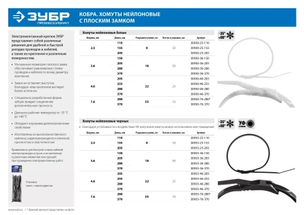 Кабельные стяжки белые КОБРА, с плоским замком, 3.6 х 205 мм, 50 шт, нейлоновые, ЗУБР 30930-36-205 купить в Сургуте