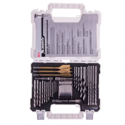 Набор сверл комбинированный по металлу 1-6,5 мм бетону 4-8 мм дереву 4-10 мм перки биты 20 шт адаптер головки 2 шт зенковка 50 предметов Pro Matrix 725650 купить в Сургуте
