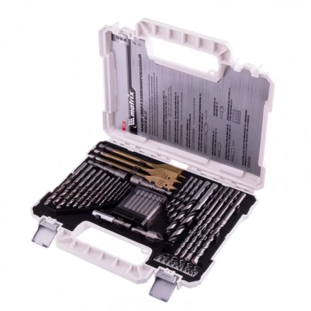 Набор сверл комбинированный по металлу 1-6,5 мм бетону 4-8 мм дереву 4-10 мм перки биты 20 шт адаптер головки 2 шт зенковка 50 предметов Pro Matrix 725650 купить в Сургуте