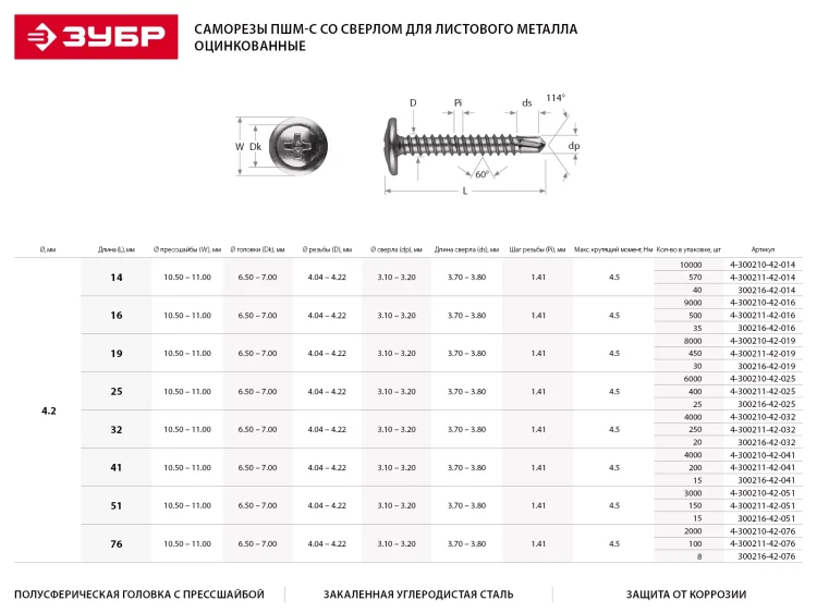 Саморезы ЗУБР с прессшайбой и сверлом по листовому металлу до 2 мм, PH2, 4,2х16 мм, 35шт 300216-42-016 купить в Сургуте