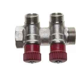 Коллектор GENERAL FITTINGS для горячей воды, вентили, никелированная латунь, вход 3/4" - 2 выхода 1/2" 51046-3/4-1/2-HT2