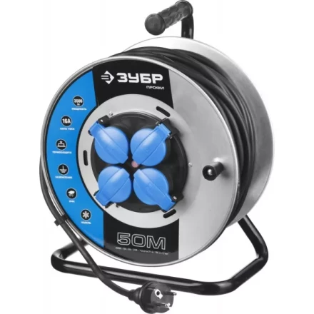 Удлинитель ЗУБР &quot;ПРОФИ&quot; на металл катушке, КГ 3х1,5кв мм, морозостойкий, 4 гнезда, IP44, макс мощность 3500Вт, 50м 55085-50 купить в Сургуте