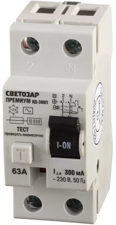 Выключатель дифференциальный &quot;УЗО&quot; СВЕТОЗАР &quot;ПРЕМИУМ&quot;, 2-полюсный, 63 A, &quot;AC&quot;, откл.диф.ток. 300 мА, 230 В SV-49132-300-63 купить в Сургуте