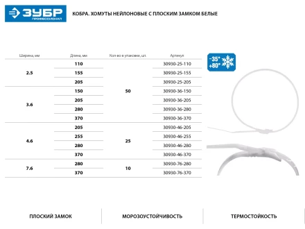 Кабельные стяжки белые КОБРА, с плоским замком, 4.6 х 255 мм, 25 шт, нейлоновые, ЗУБР 30930-46-255 купить в Сургуте
