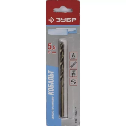 Сверло ЗУБР &quot;КОБАЛЬТ&quot; по металлу, цилиндрический хвостовик, быстрорежущая сталь Р6М5К5, класс точности А1, 5,5х93мм, 1шт 4-29626-093-5.5 купить в Сургуте