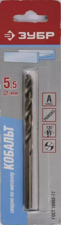 Сверло ЗУБР &quot;КОБАЛЬТ&quot; по металлу, цилиндрический хвостовик, быстрорежущая сталь Р6М5К5, класс точности А1, 5,5х93мм, 1шт 4-29626-093-5.5 купить в Сургуте