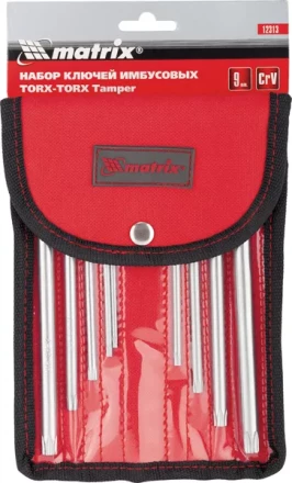 Набор ключей шестигранных имбусовых TORX-TORX Tamper, 9 шт:T10-T50, CrV,  удлиненные, сатин., чехол  MATRIX 12313 купить в Сургуте