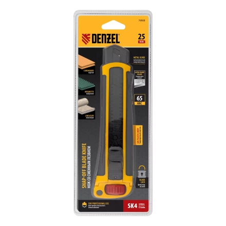 Нож, 25 мм, сменное лезвие, SK4, корпус из ABS + TPR, торцевой зажим Denzel 78908 купить в Сургуте