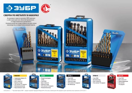 ЗУБР Кобальт, 99 шт, (1-10 мм), сталь Р6М5К5, класс А, мет.бокс, набор сверл по металлу, Профессионал (29626-H99) купить в Сургуте