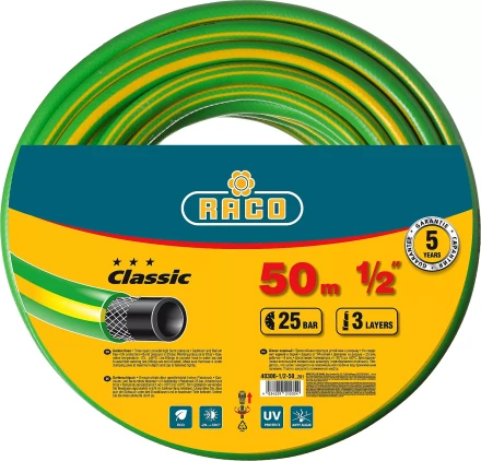 Шланг RACO CLASSIC поливочный, 25атм., армированный, 3-х слойный, 1/2&quot;х50м 40306-1/2-50_z01 купить в Сургуте