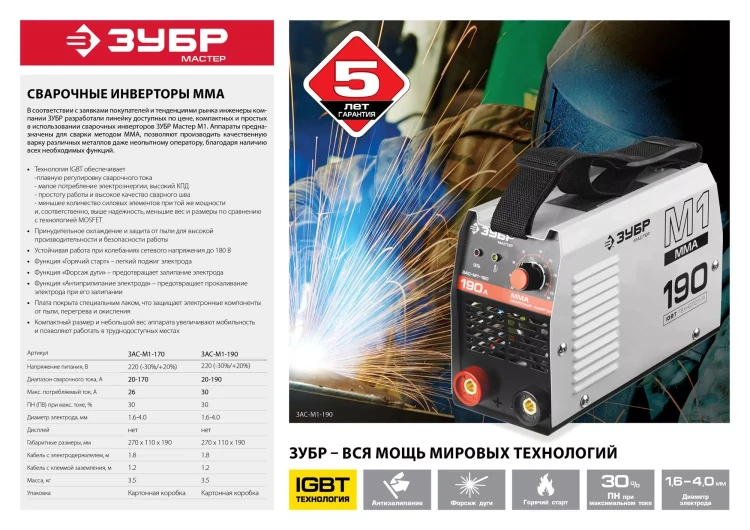 Сварочный инвертор ММА ЗАС-М1-190 серия МАСТЕР купить в Сургуте